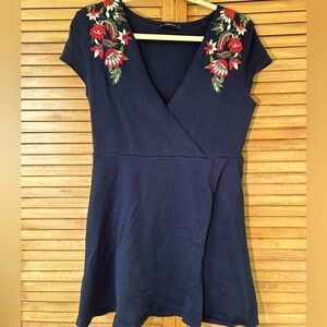 ZARA Navy Blue Embroidered Wrap Dress Size Women's Small